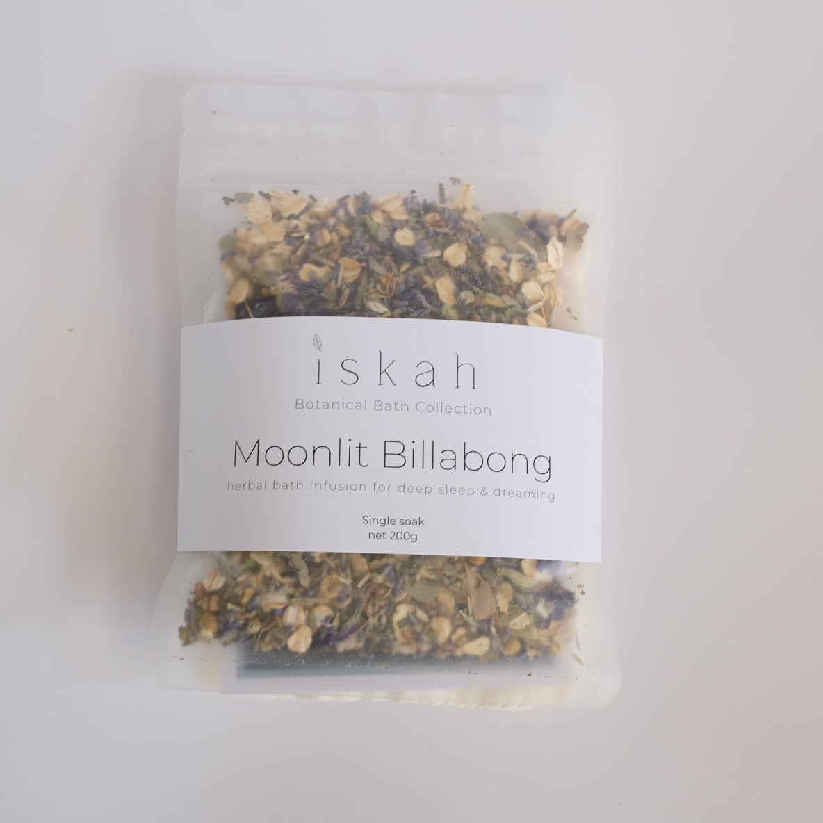 Packaged herbal botanical magnesium bath with 'iskah' label on a white background
