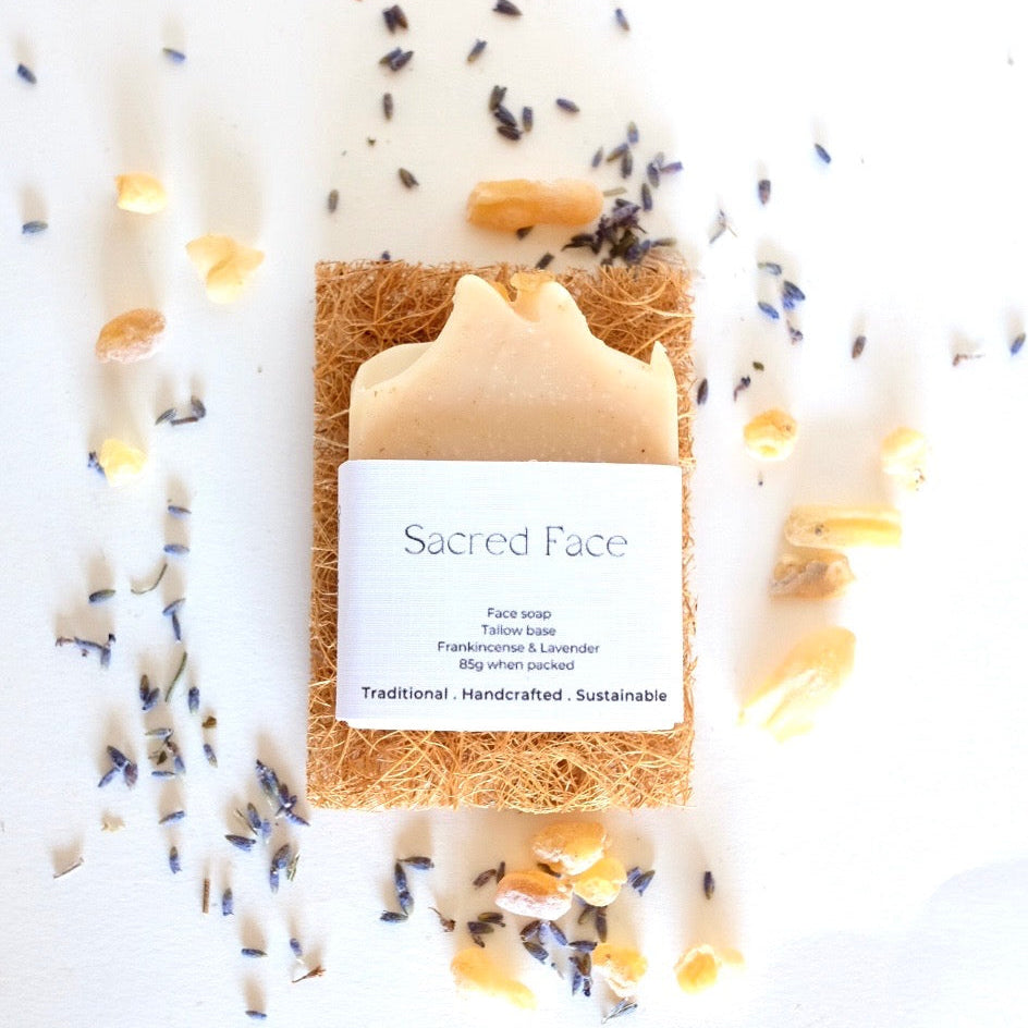 tallow soap with lavender and frankincense. the soap also has shea butter and jojoba