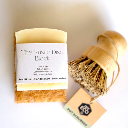 Block of soap for cleaning dished with eco pot scrubber