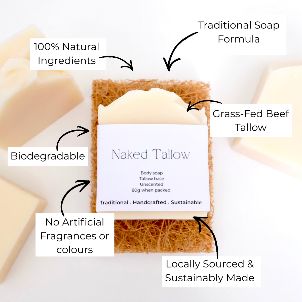 Naked Tallow soap bar with text highlighting its features on a white background