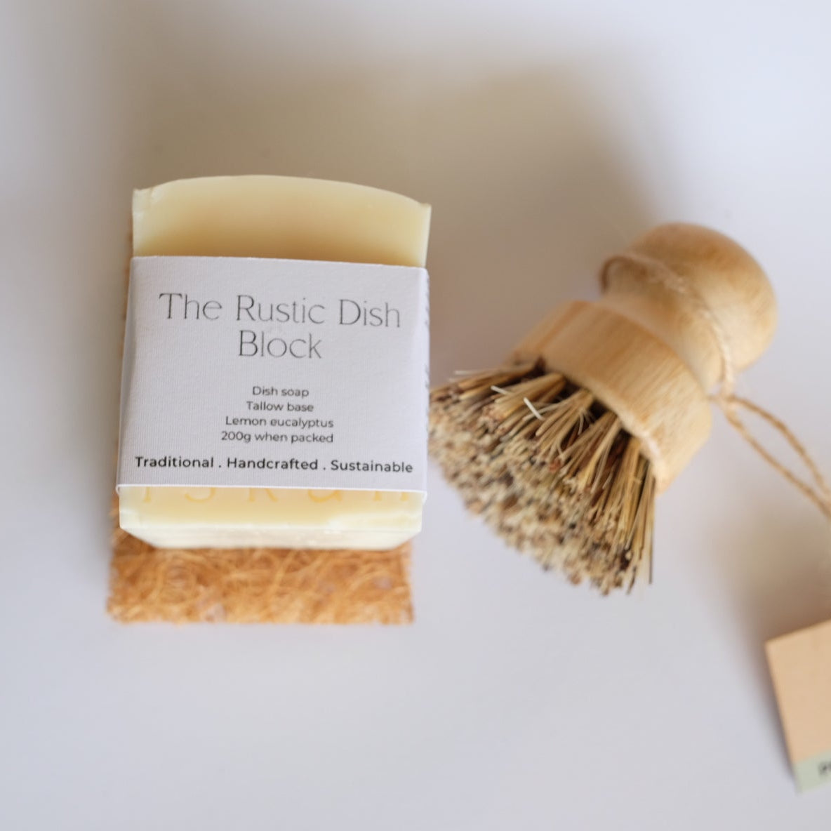 Tallow dish block of soap with eco pot scrubber and coconut soap rest